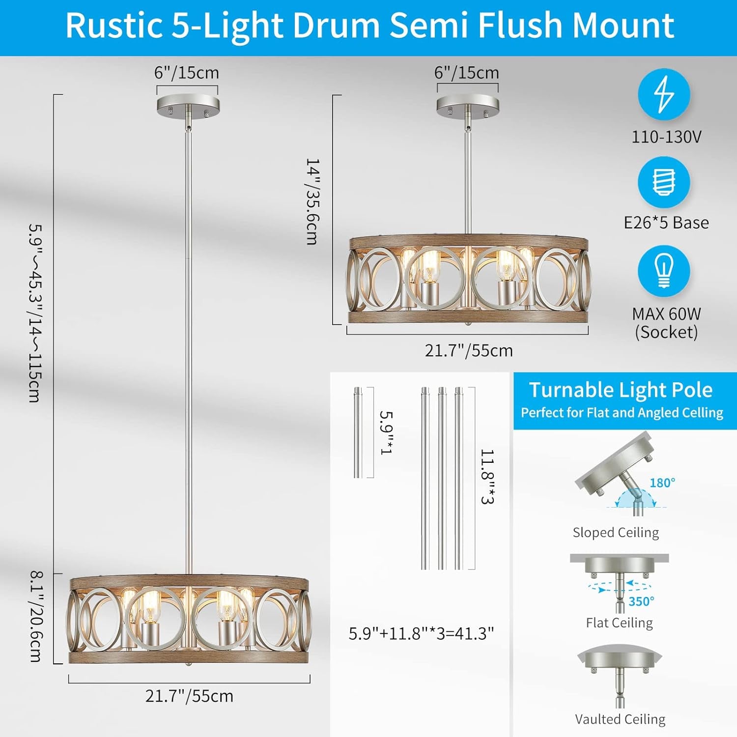 Rustic Nickel Drum Chandelier 5-Light