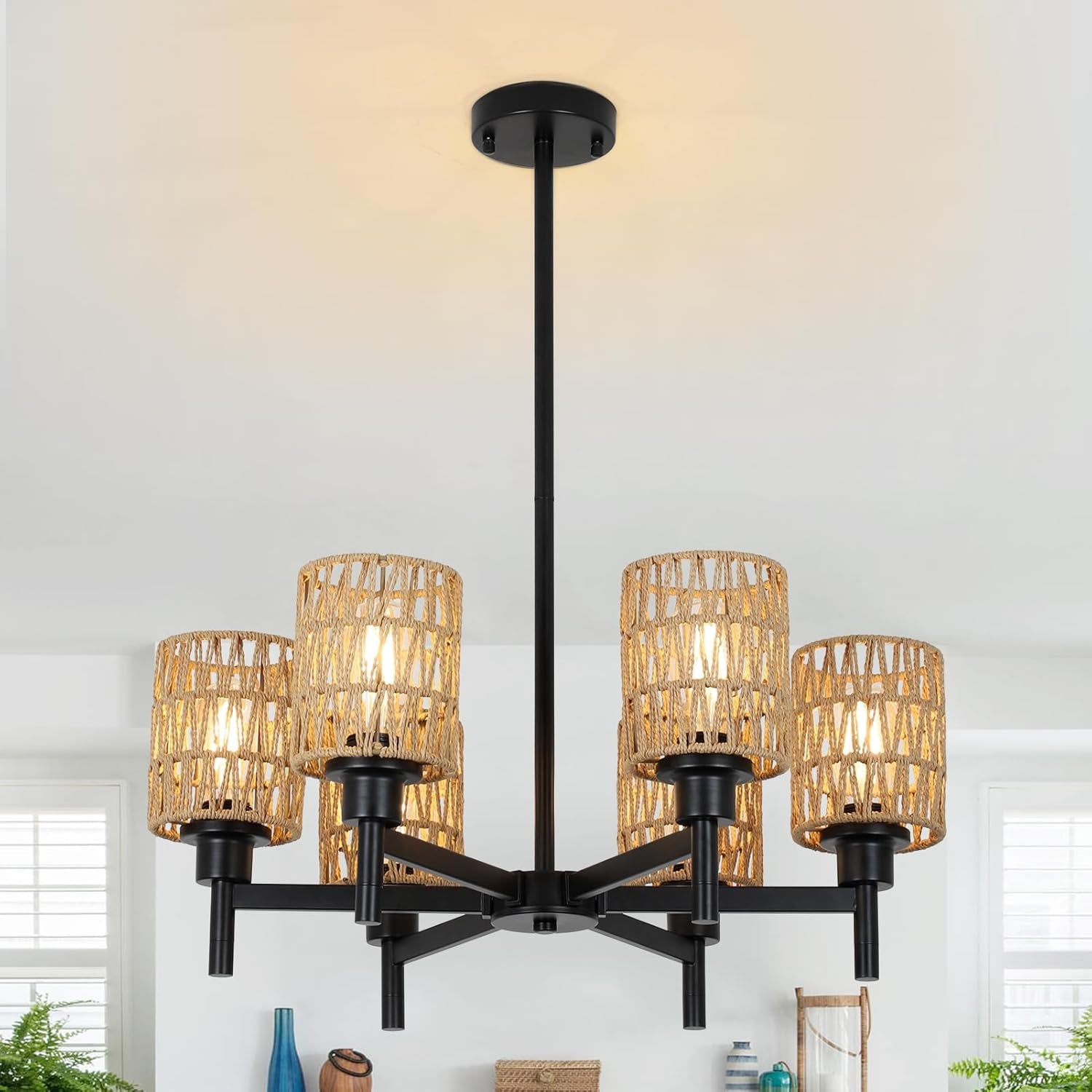 Rattan Farmhouse Chandelier – Black Boho Pendant