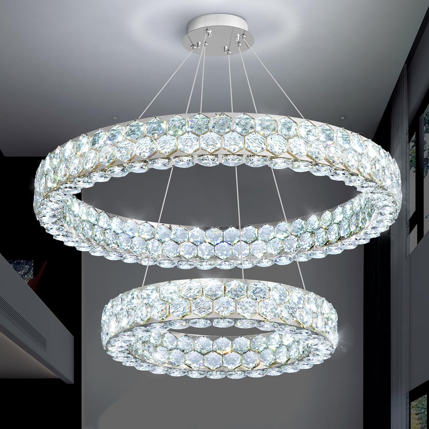 Modern 2-Ring Gold Crystal LED Chandelier