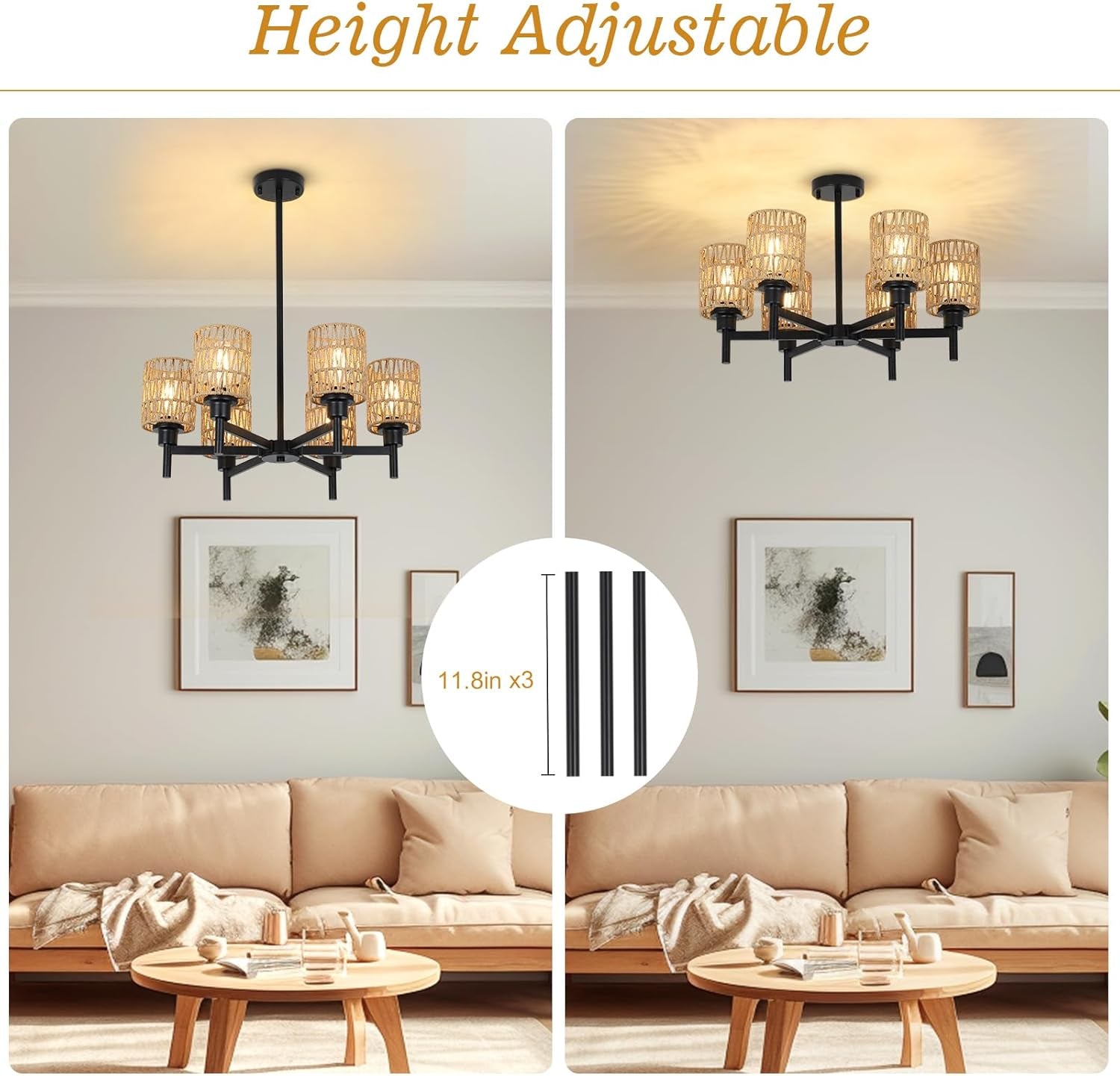 Rattan Farmhouse Chandelier – Black Boho Pendant
