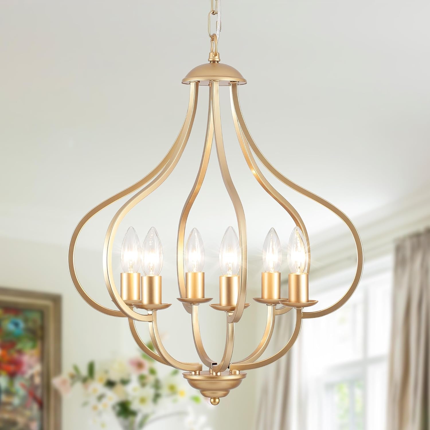 6-Light Gold Farmhouse Chandelier – Vintage Pendant Fixture