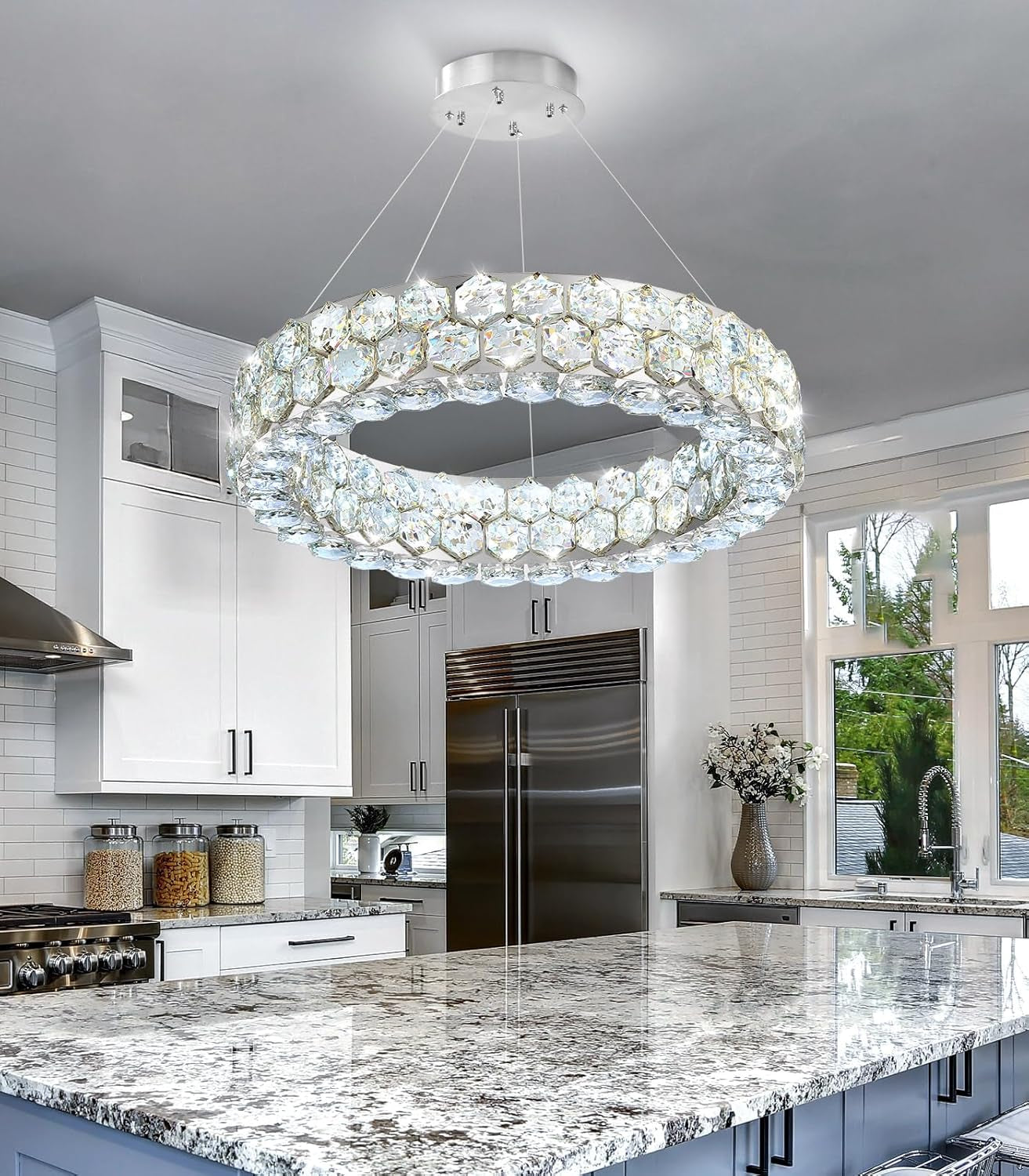 Modern 2-Ring Gold Crystal LED Chandelier