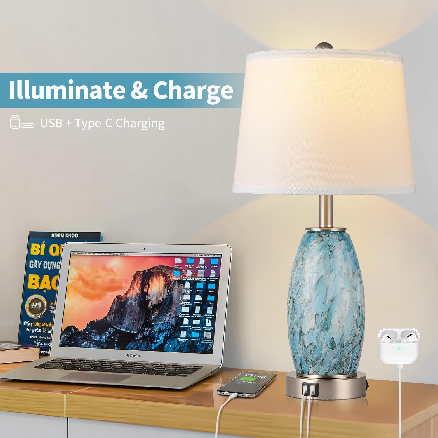 Coastal Glass Table Lamp Set of 2 – USB Ports