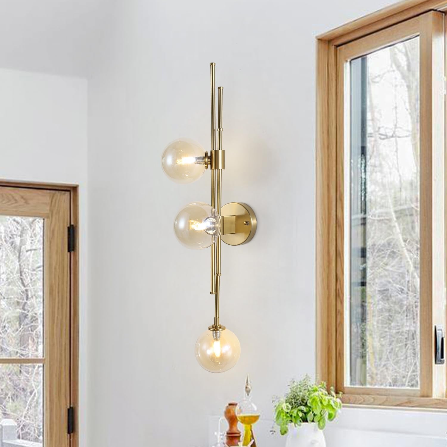 3-Light Amber Globe Wall Sconce Fixture