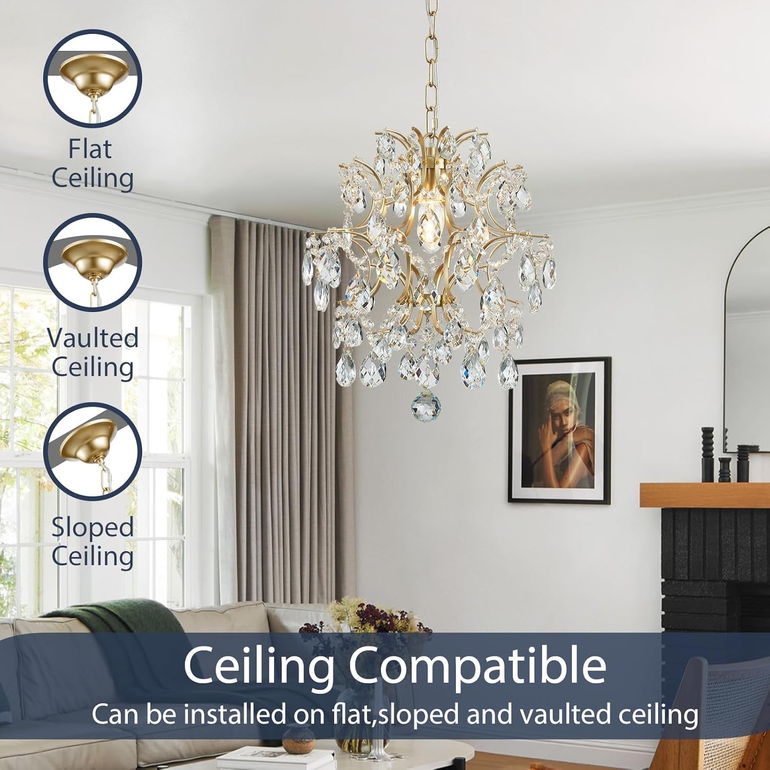 Gold Modern Pendant Chandelier Crystal Raindrop Lighting Ceiling Light Fixture Lamp for Dining Room Bathroom Bedroom Livingroom Entryway 1 E26 Bulbs Required D13 in X H16 In