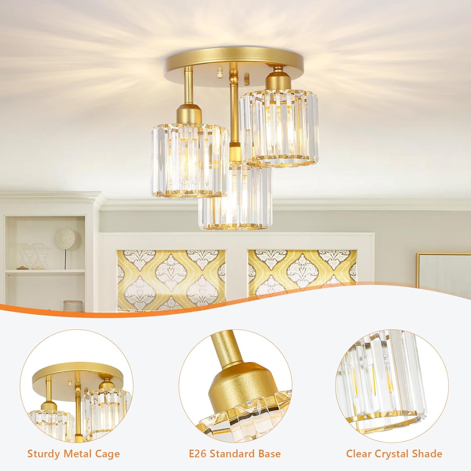 3-Light Modern Crystal Semi Flush Mount Ceiling Light – Gold Finish