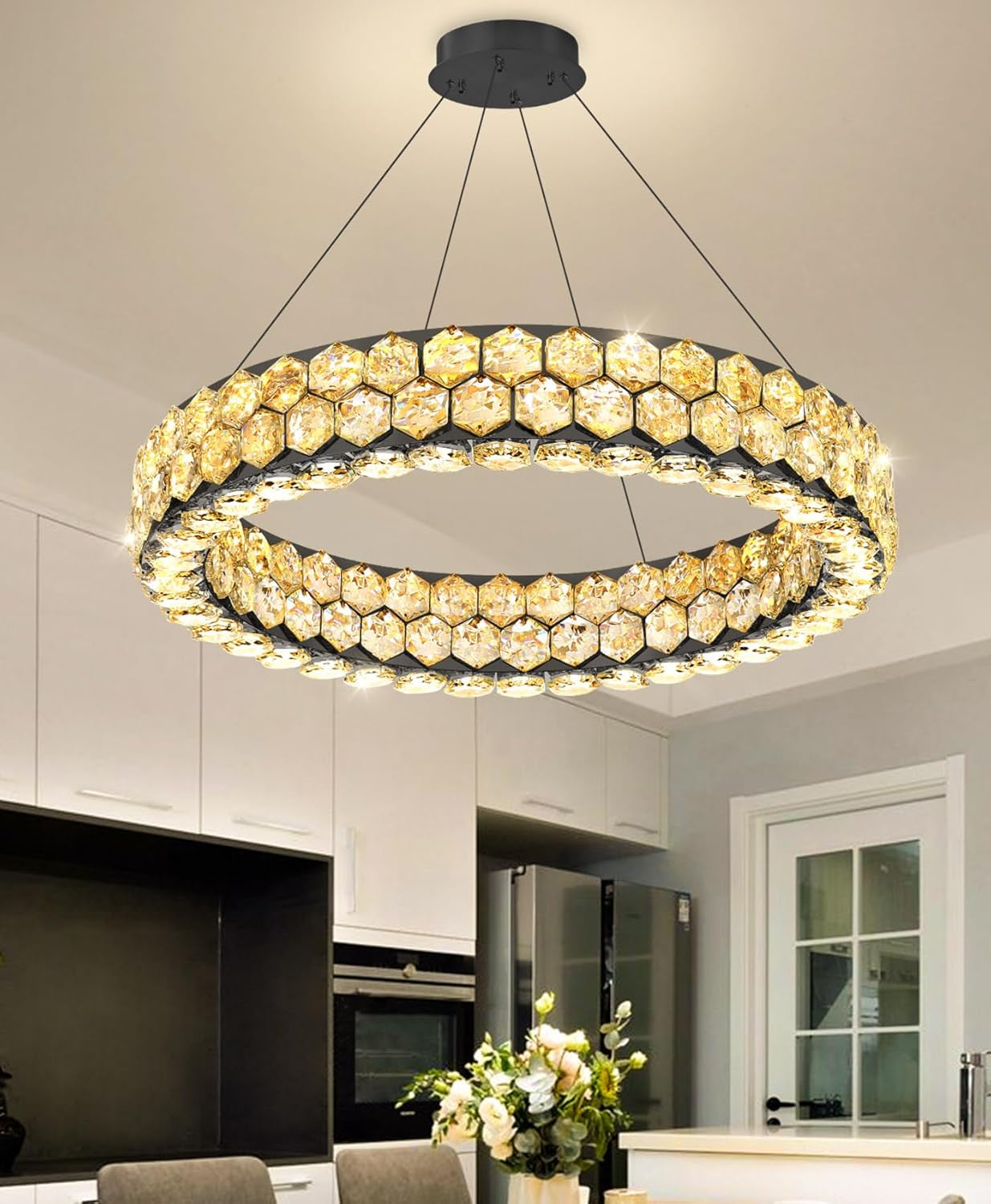 Modern 2-Ring Gold Crystal LED Chandelier