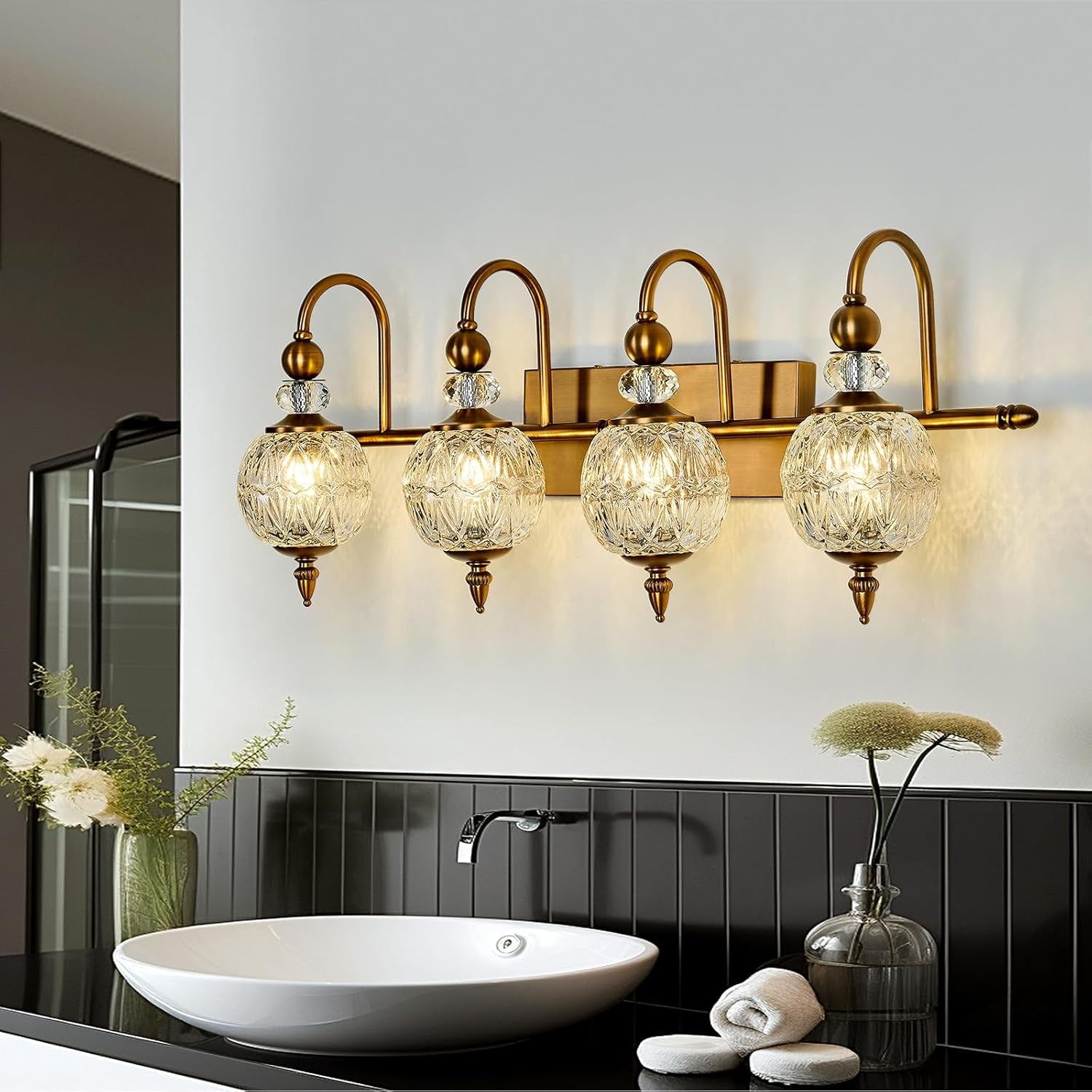 2-Light Gold Vintage Glass Globe Bathroom Vanity Light