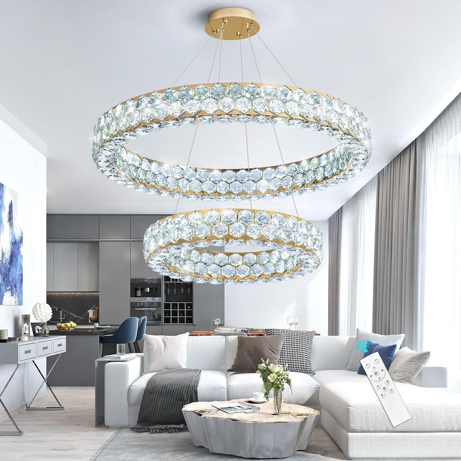 Modern 2-Ring Gold Crystal LED Chandelier