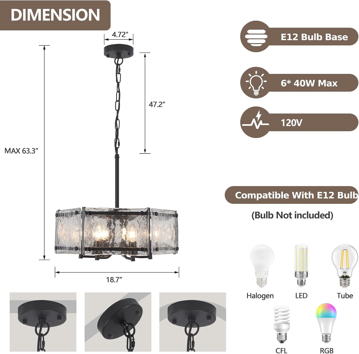 18.7" 6-Light Modern Black Glass Drum Chandelier