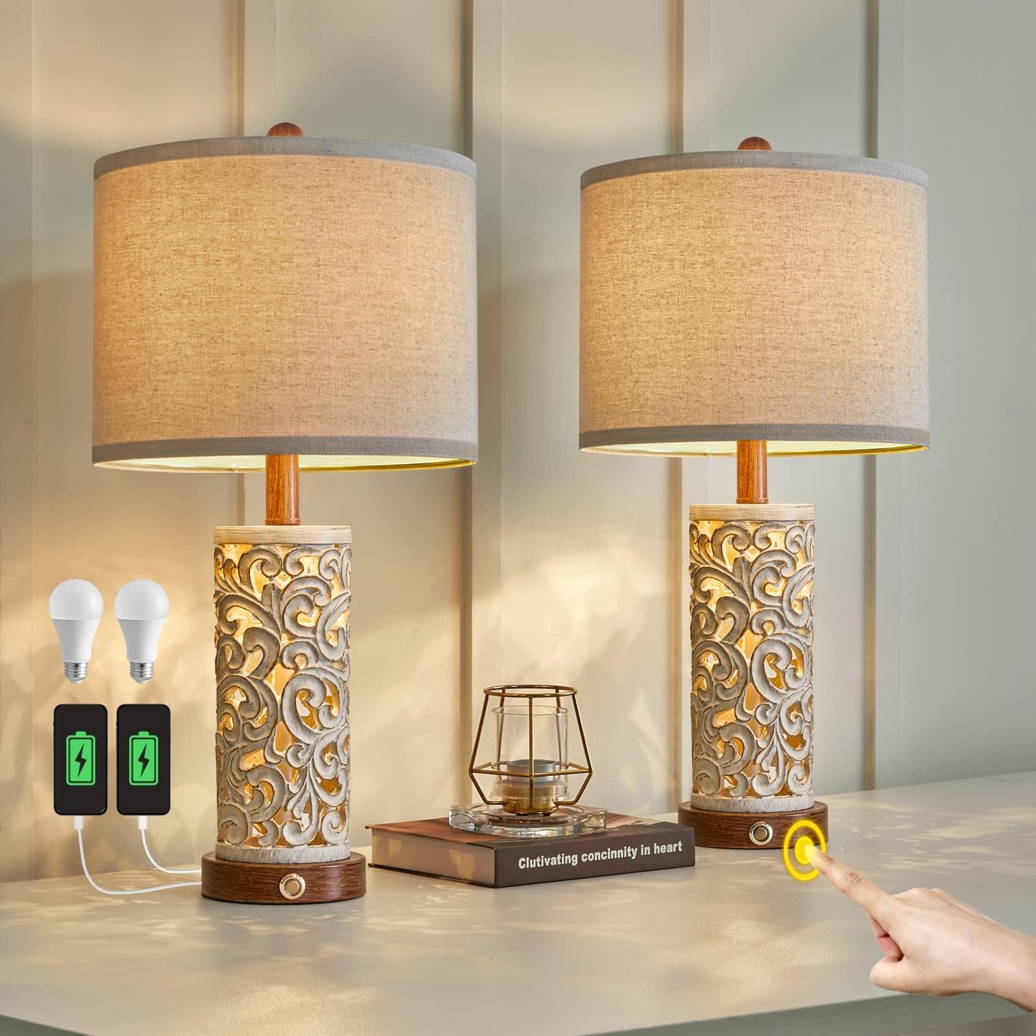 22” 3-Way USB Touch Table Lamp Set of 2