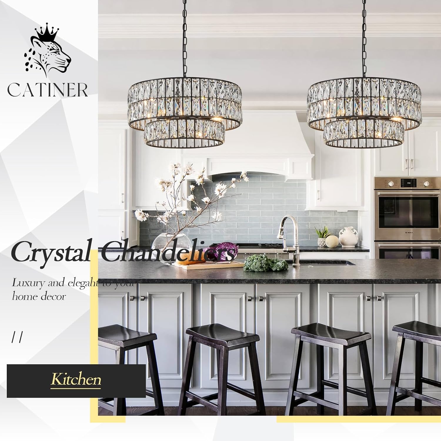 20" Black Crystal Drum Chandelier – 6-Light Semi Flush Mount