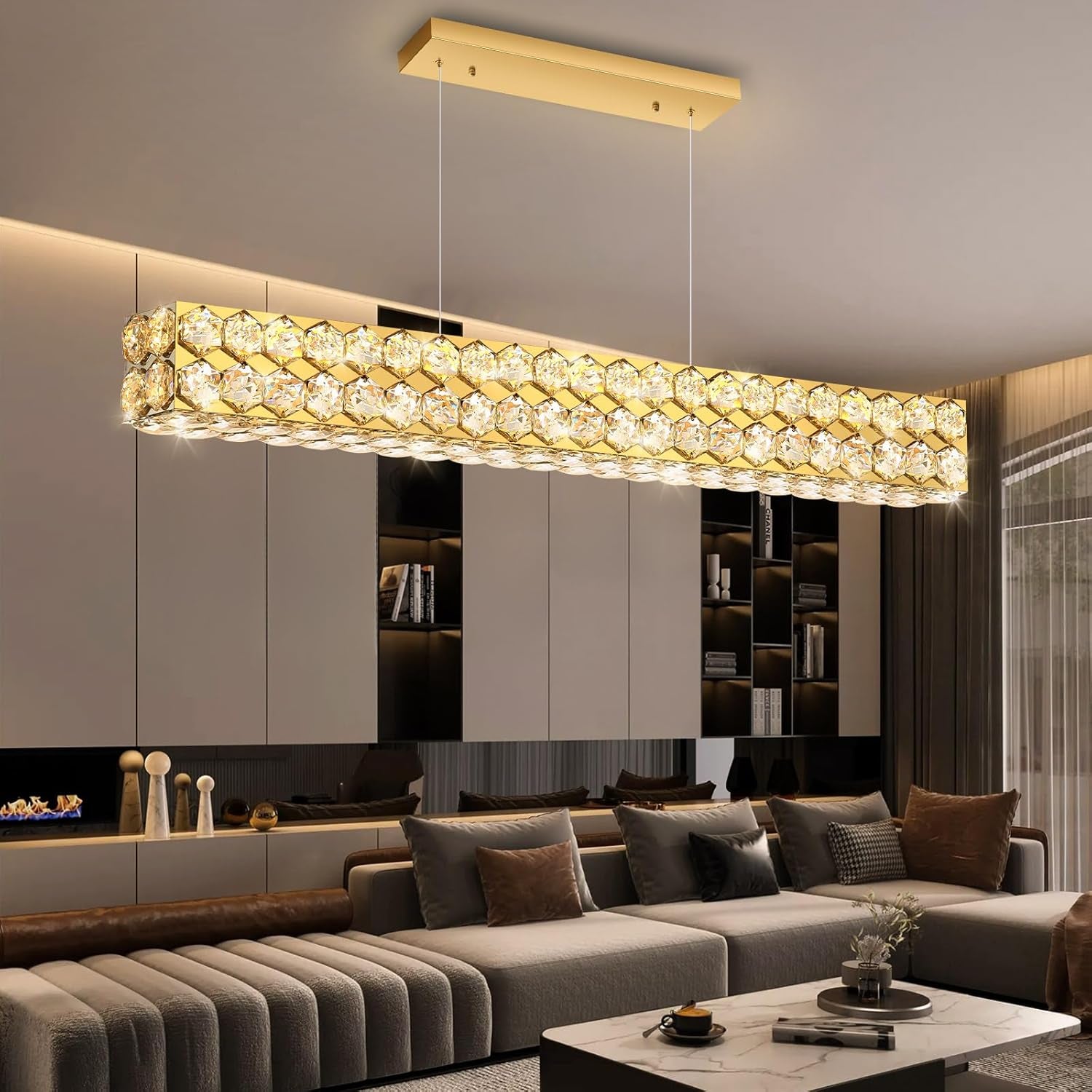 Modern 2-Ring Gold Crystal LED Chandelier