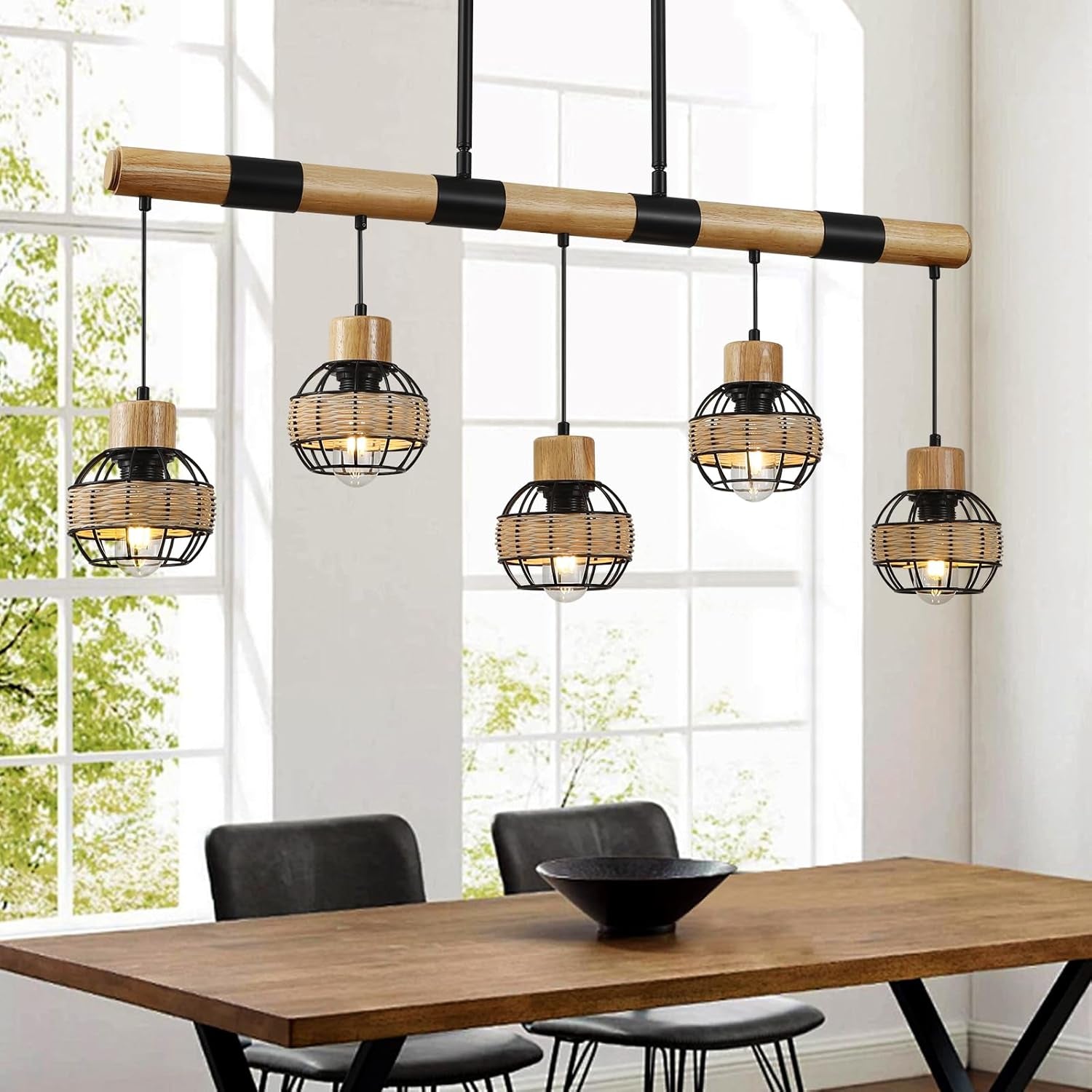 Farmhouse 5-Light Wood & Wicker Pendant Chandelier