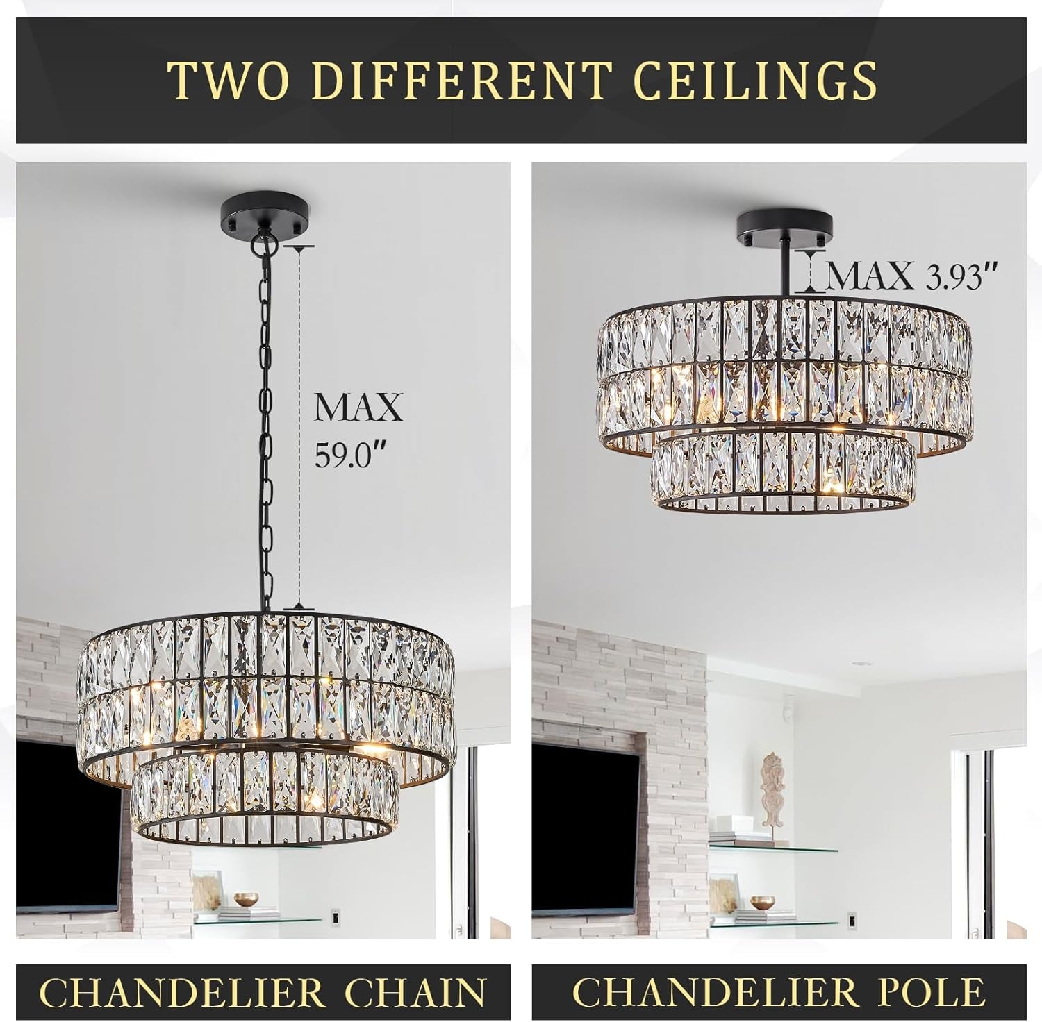 20" Black Crystal Drum Chandelier – 6-Light Semi Flush Mount