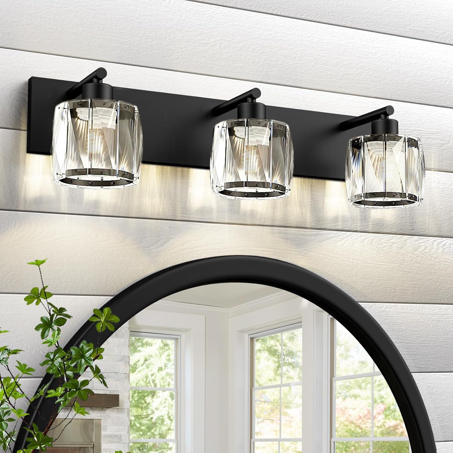 4-Light Matte Black Crystal Bathroom Vanity Light