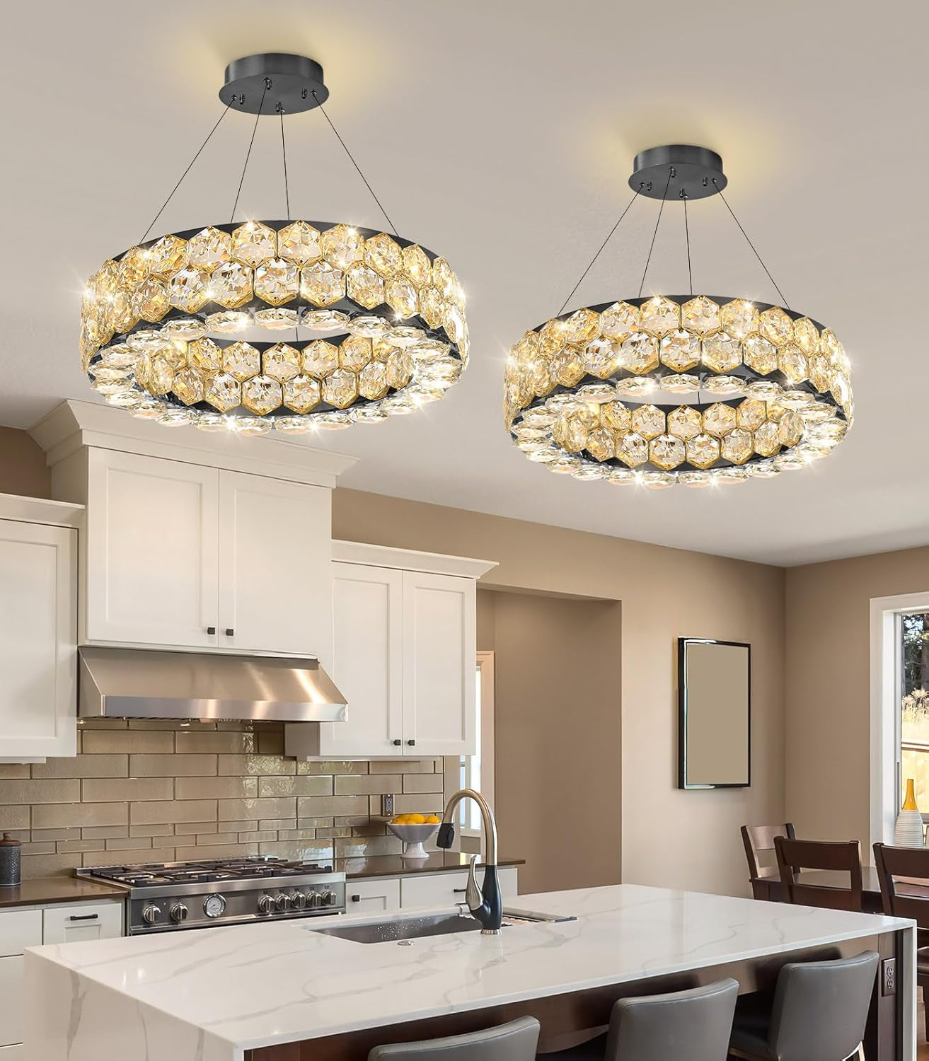 Modern 2-Ring Gold Crystal LED Chandelier