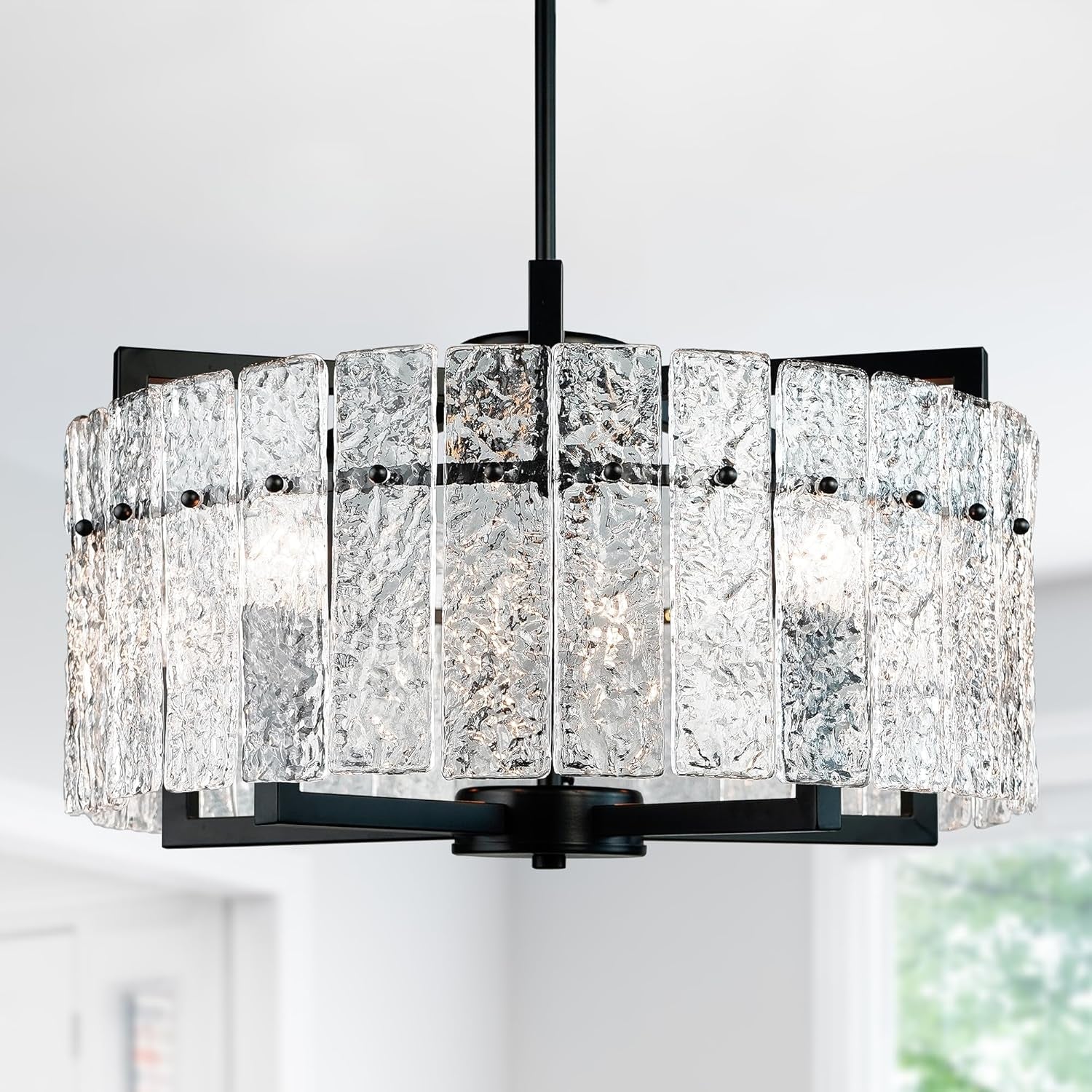 Modern Rectangle Gold Crystal Chandeliers for Dining Room, 42" Large Rectangular Water Ripple Glass Island Light Fixture, Elegant Linear Lighting for Kitchen Island, Living Room, L42 X W11 X H12