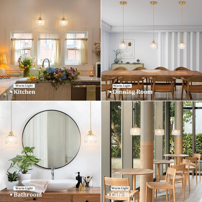 2-Pack Vintage Pendant Lights – Brass Finish with Clear Striped Glass