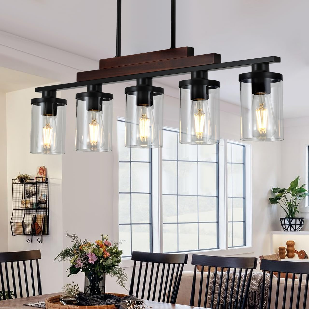 5-Light Farmhouse Linear Chandelier – Black Wood