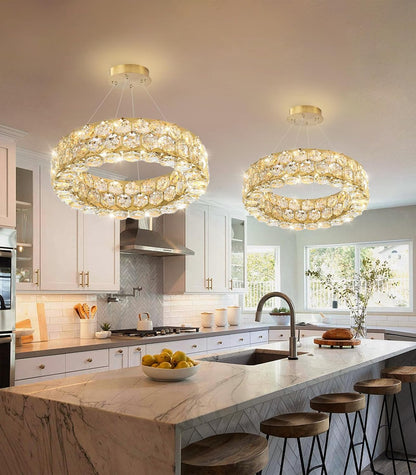 Modern 2-Ring Gold Crystal LED Chandelier