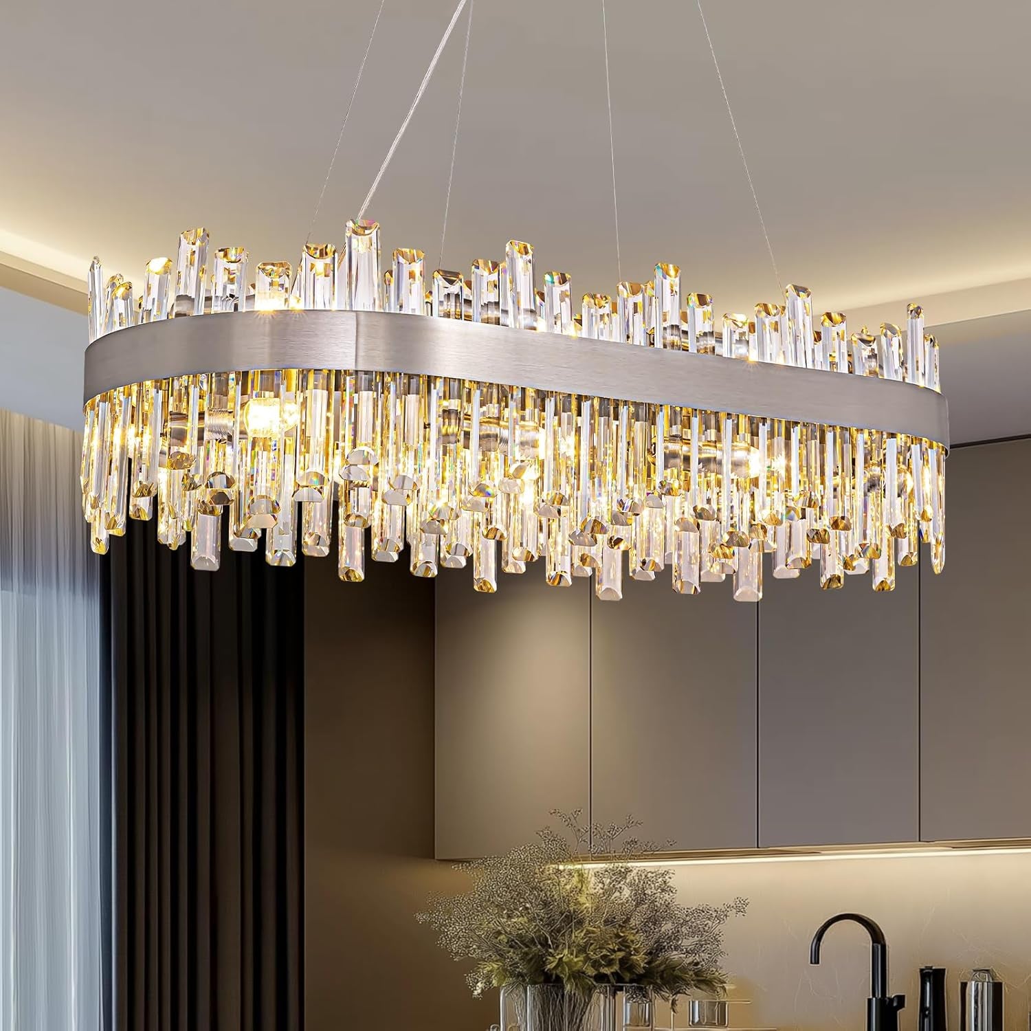 Gold 2-Tier Rectangular Crystal Chandelier 16L