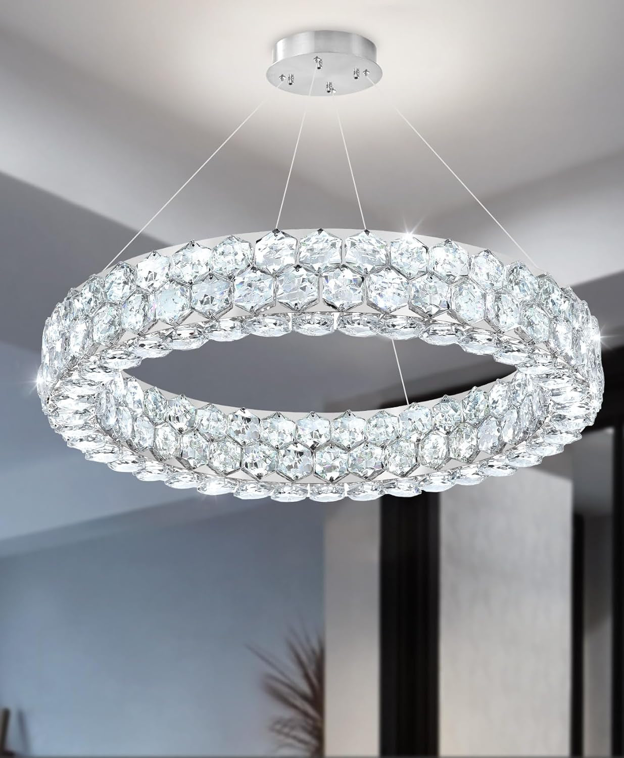 Modern 2-Ring Gold Crystal LED Chandelier