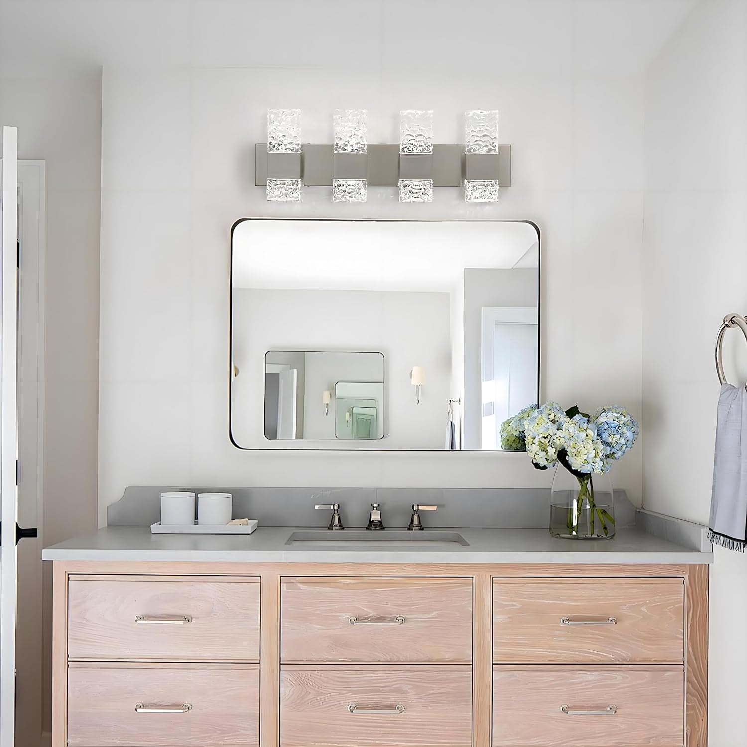4-Light Brushed Nickel Crystal LED Bathroom Vanity Light