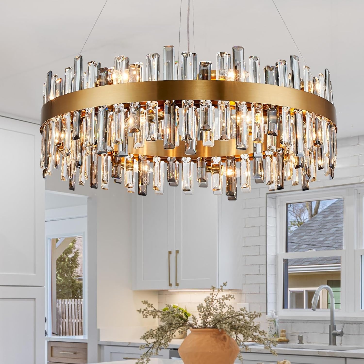 Gold 2-Tier Rectangular Crystal Chandelier 16L