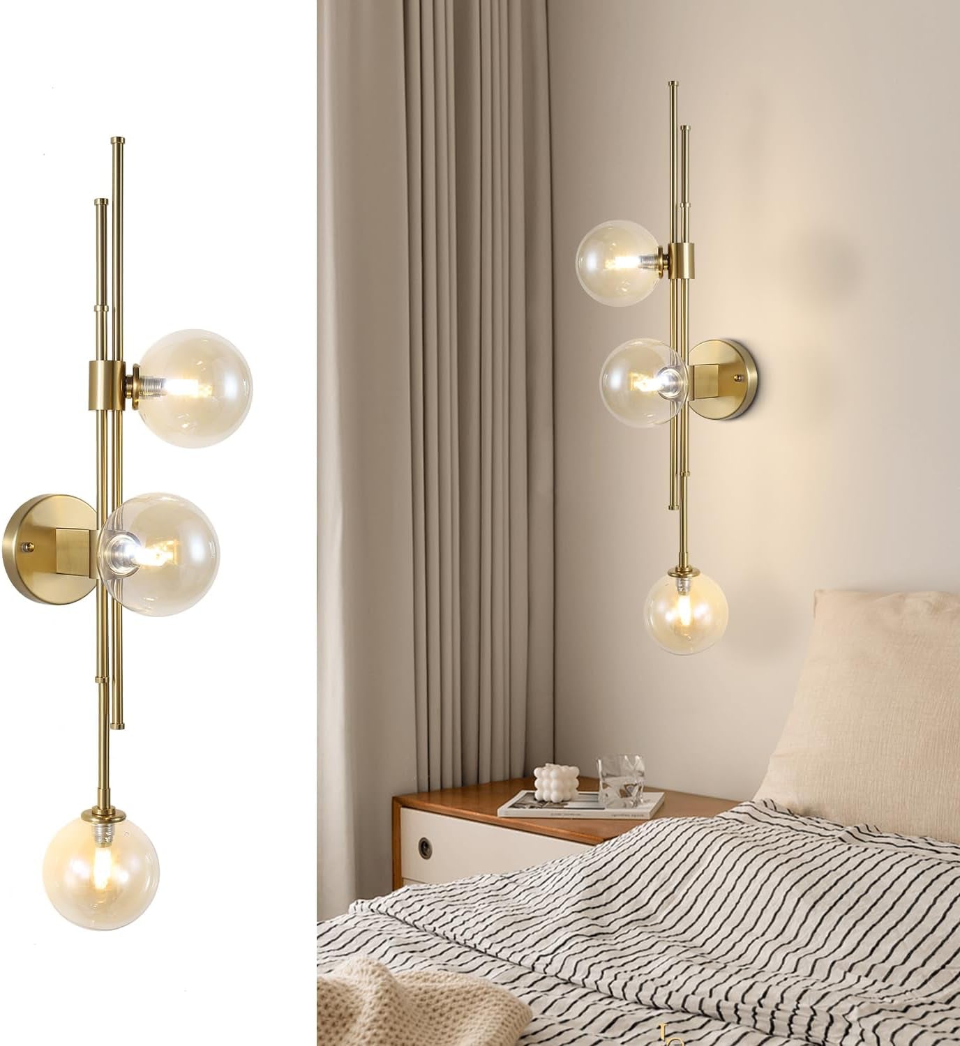 3-Light Amber Globe Wall Sconce Fixture