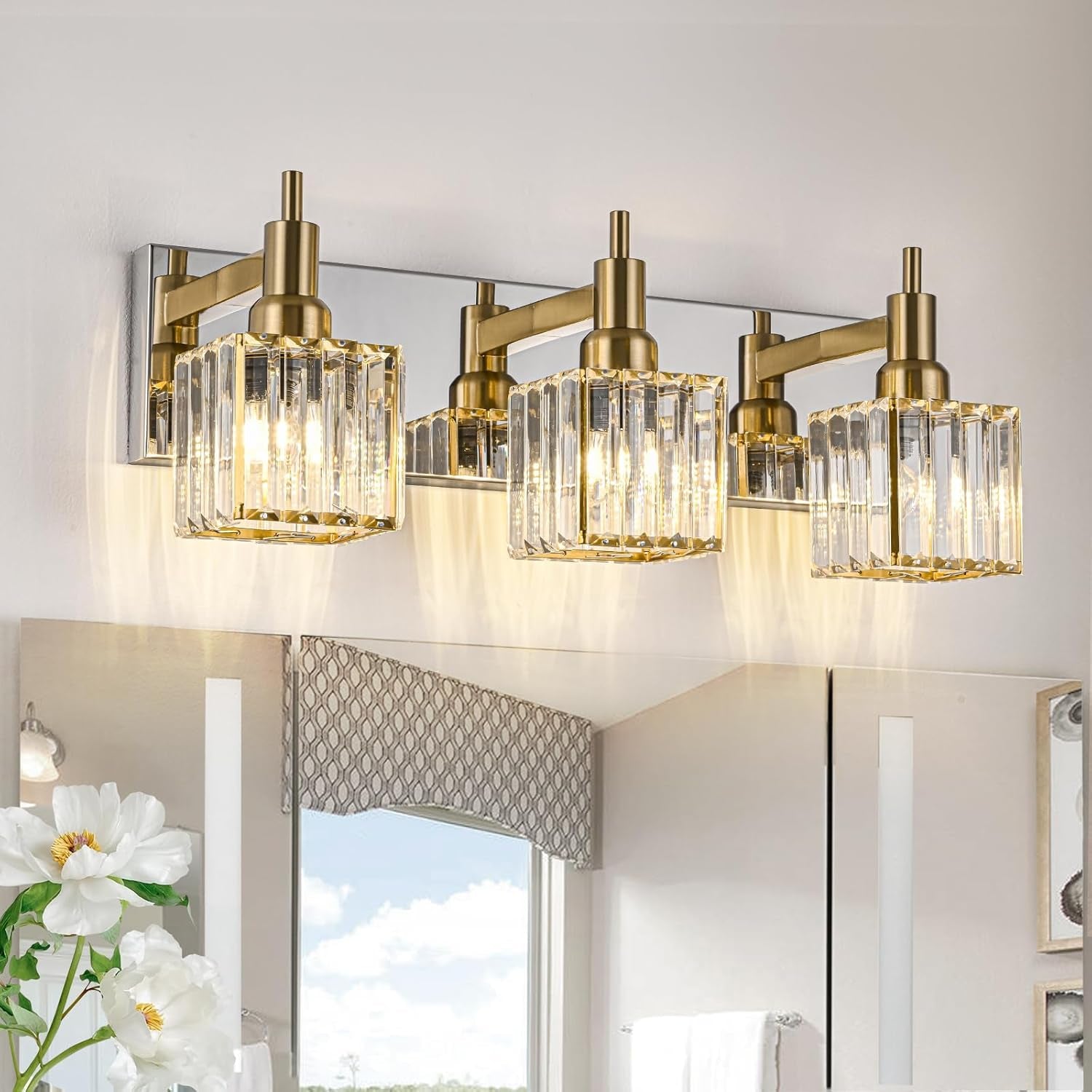 Gold Modern 3-Light Crystal Bathroom Vanity Light