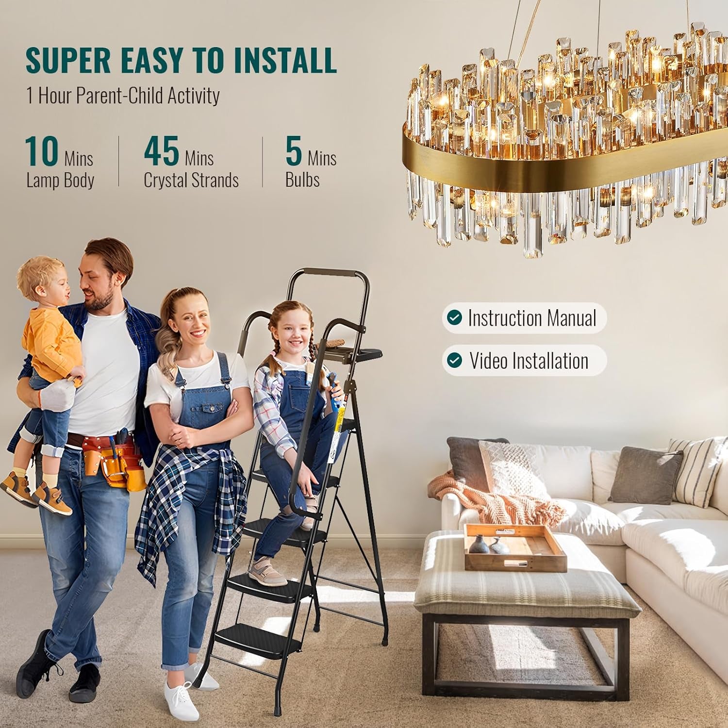 Gold 2-Tier Rectangular Crystal Chandelier 16L