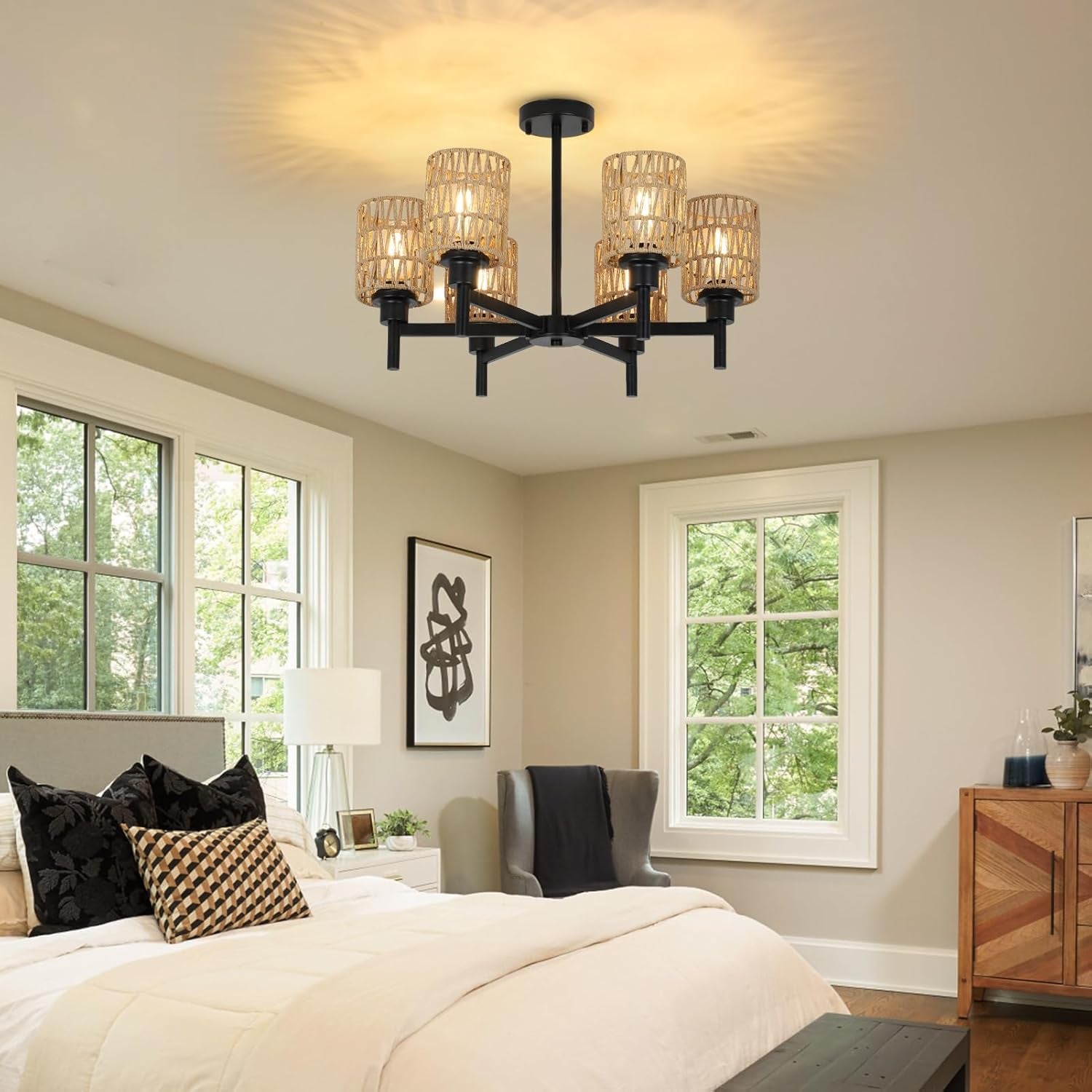 Rattan Farmhouse Chandelier – Black Boho Pendant