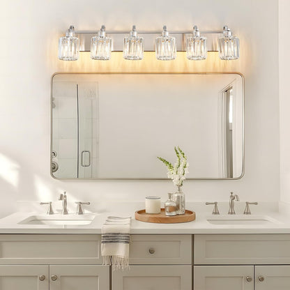 6-Light Brushed Nickel Crystal Bathroom Vanity Light