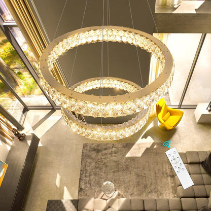 Modern 2-Ring Gold Crystal LED Chandelier