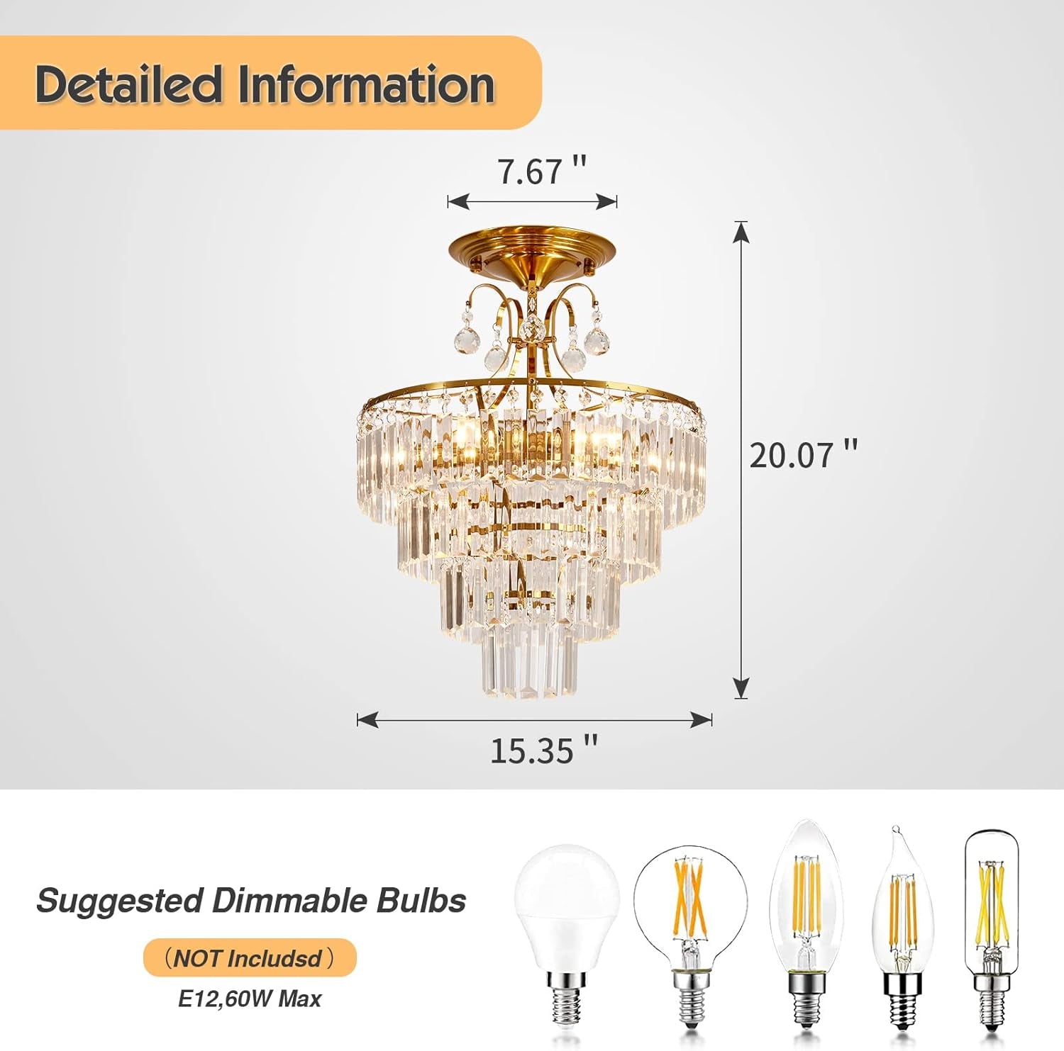 5-Light Gold Crystal Chandelier Fixture