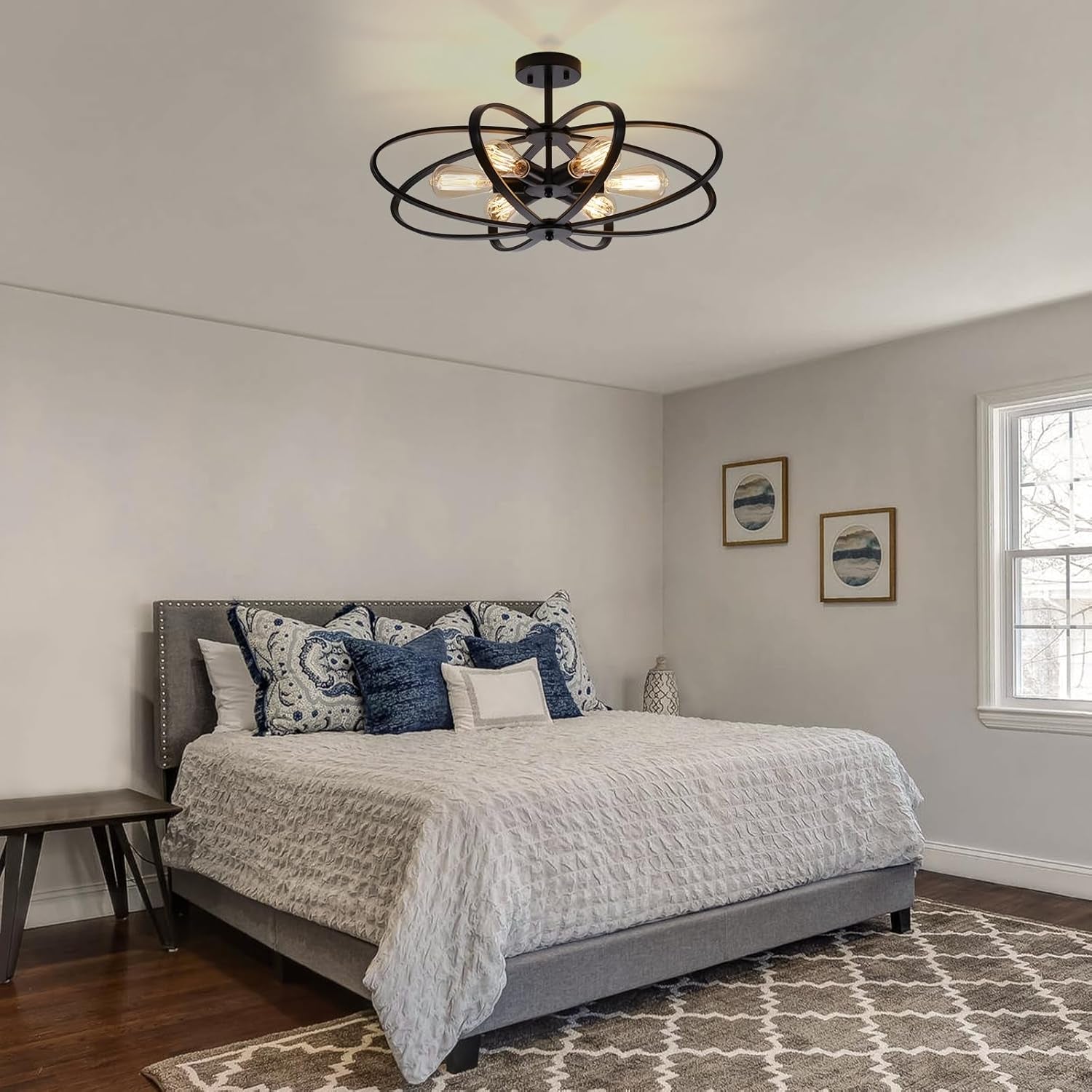 25" 6-Light Black Farmhouse Semi Flush Mount Chandelier