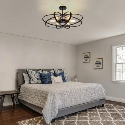 25" 6-Light Black Farmhouse Semi Flush Mount Chandelier