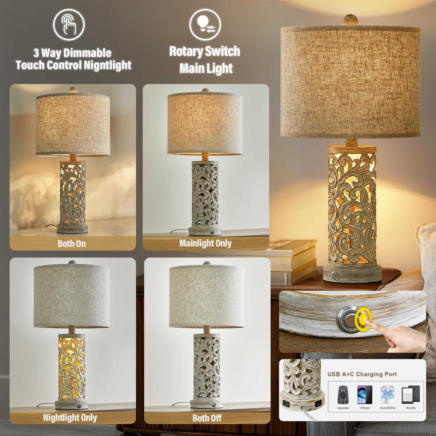 22” 3-Way USB Touch Table Lamp Set of 2