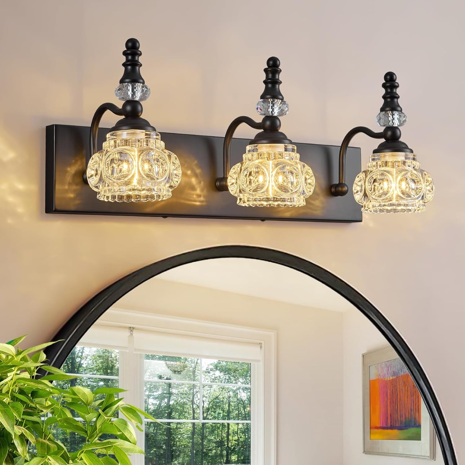 3-Light Black Crystal Bathroom Vanity Light