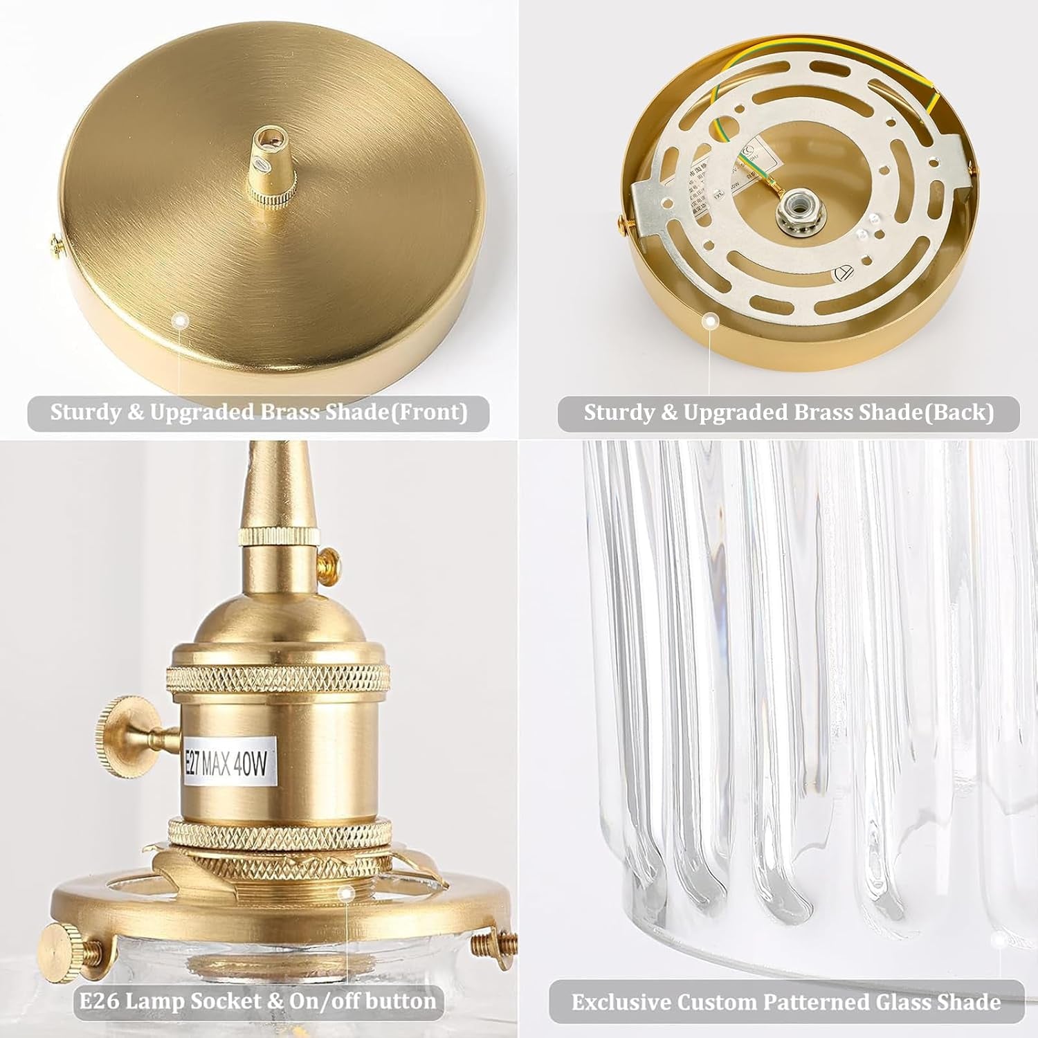 2-Pack Vintage Pendant Lights – Brass Finish with Clear Striped Glass