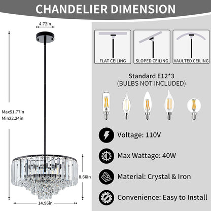 3-Light Modern Black K9 Crystal Chandelier – 5-Tier Round Pendant