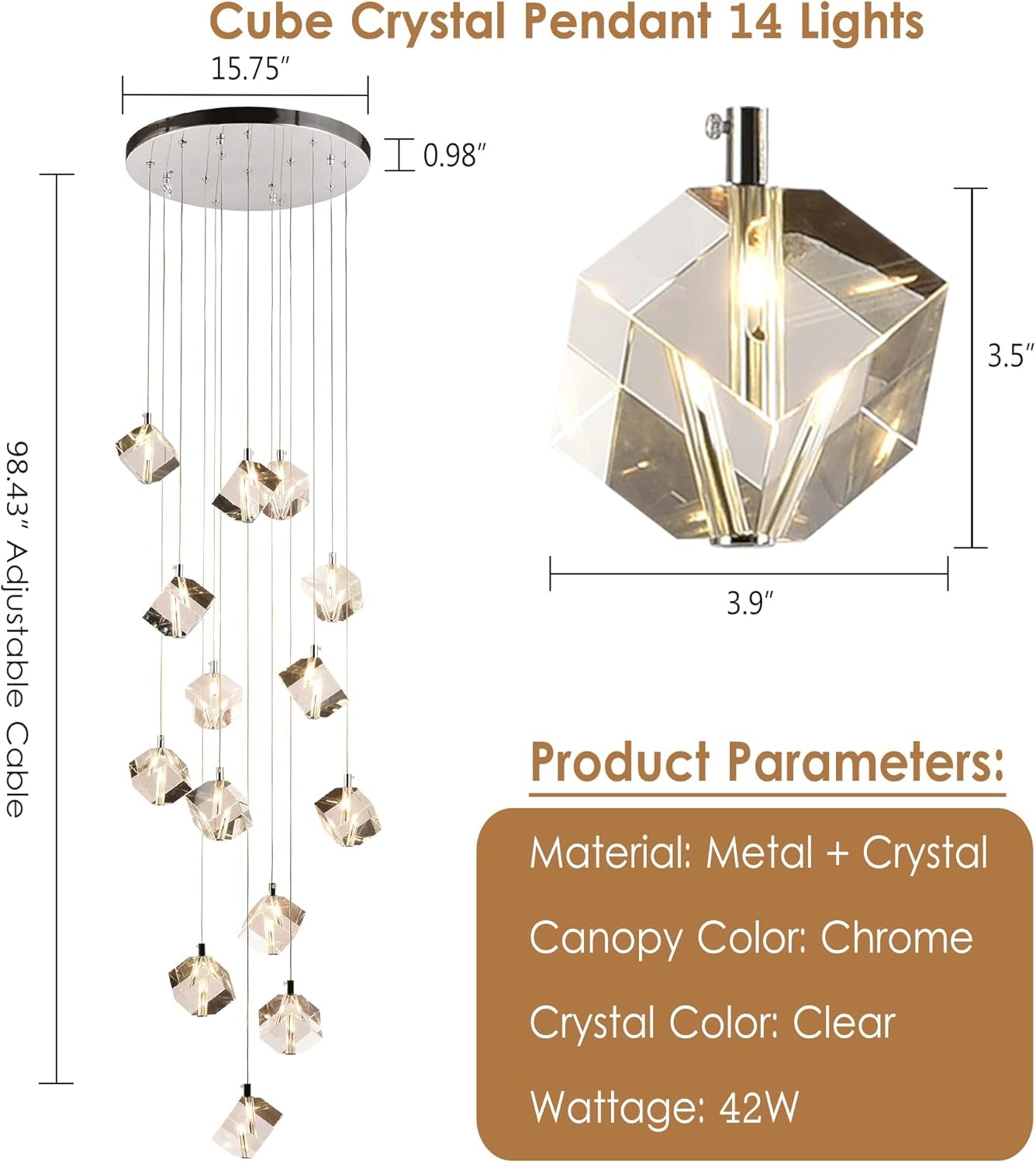 Cube Crystal Raindrop Chandelier 42" Chrome 14L