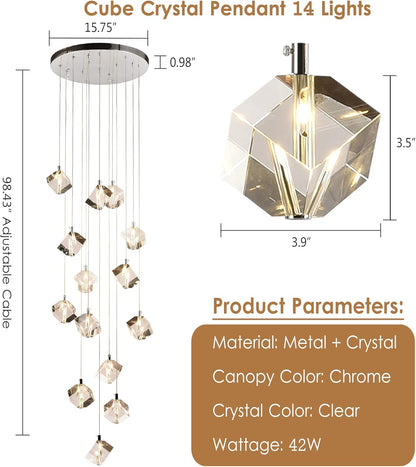 Cube Crystal Raindrop Chandelier 42" Chrome 14L