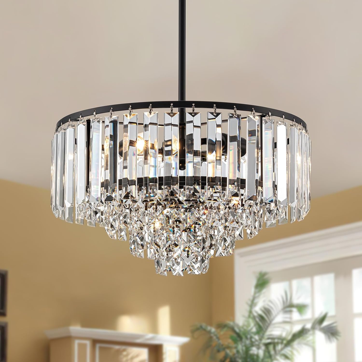 3-Light Modern Black K9 Crystal Chandelier – 5-Tier Round Pendant