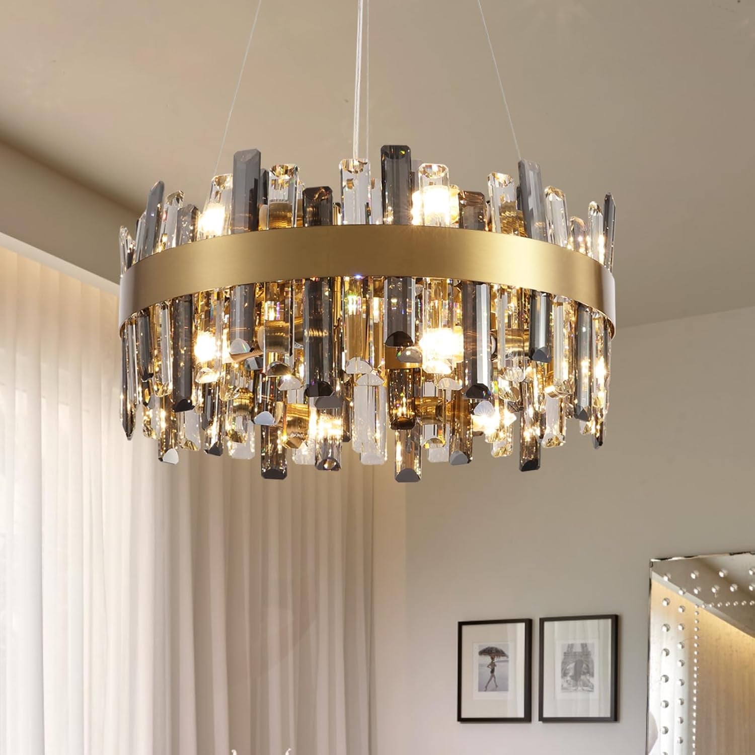 Gold 2-Tier Rectangular Crystal Chandelier 16L