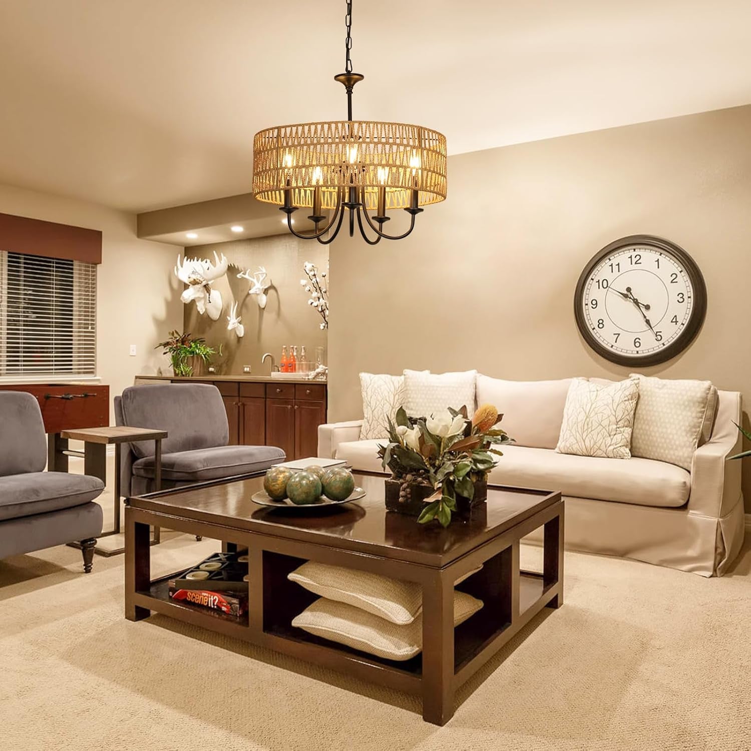 5-Light Rattan Chandelier – Boho Farmhouse Style