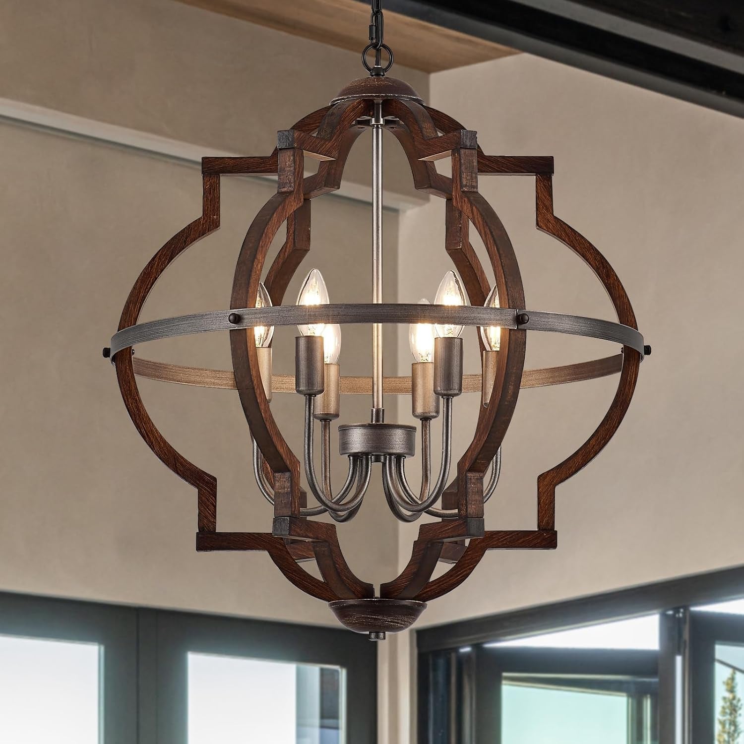Rustic Farmhouse Globe Wood Chandelier
