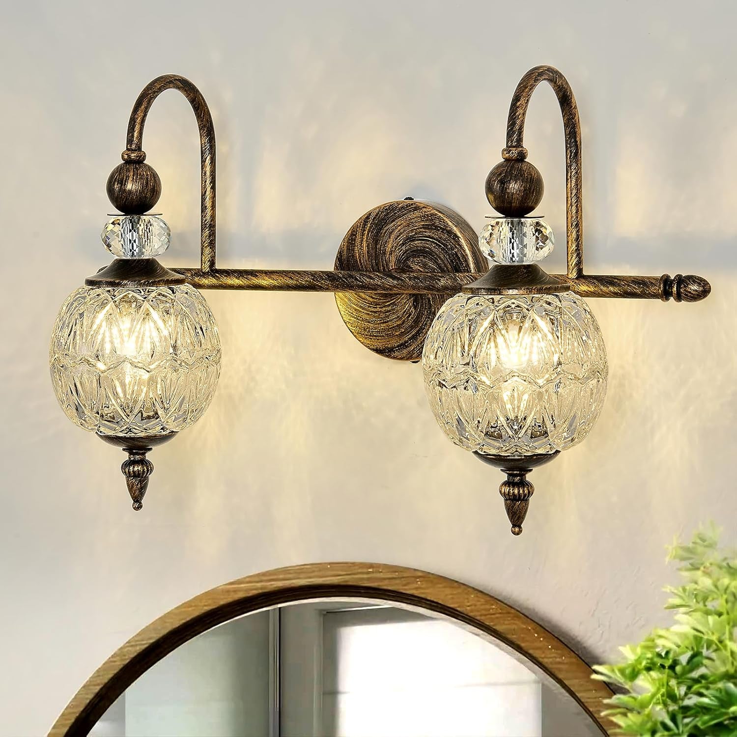 2-Light Gold Vintage Glass Globe Bathroom Vanity Light