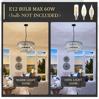 20" Black Crystal Drum Chandelier – 6-Light Semi Flush Mount